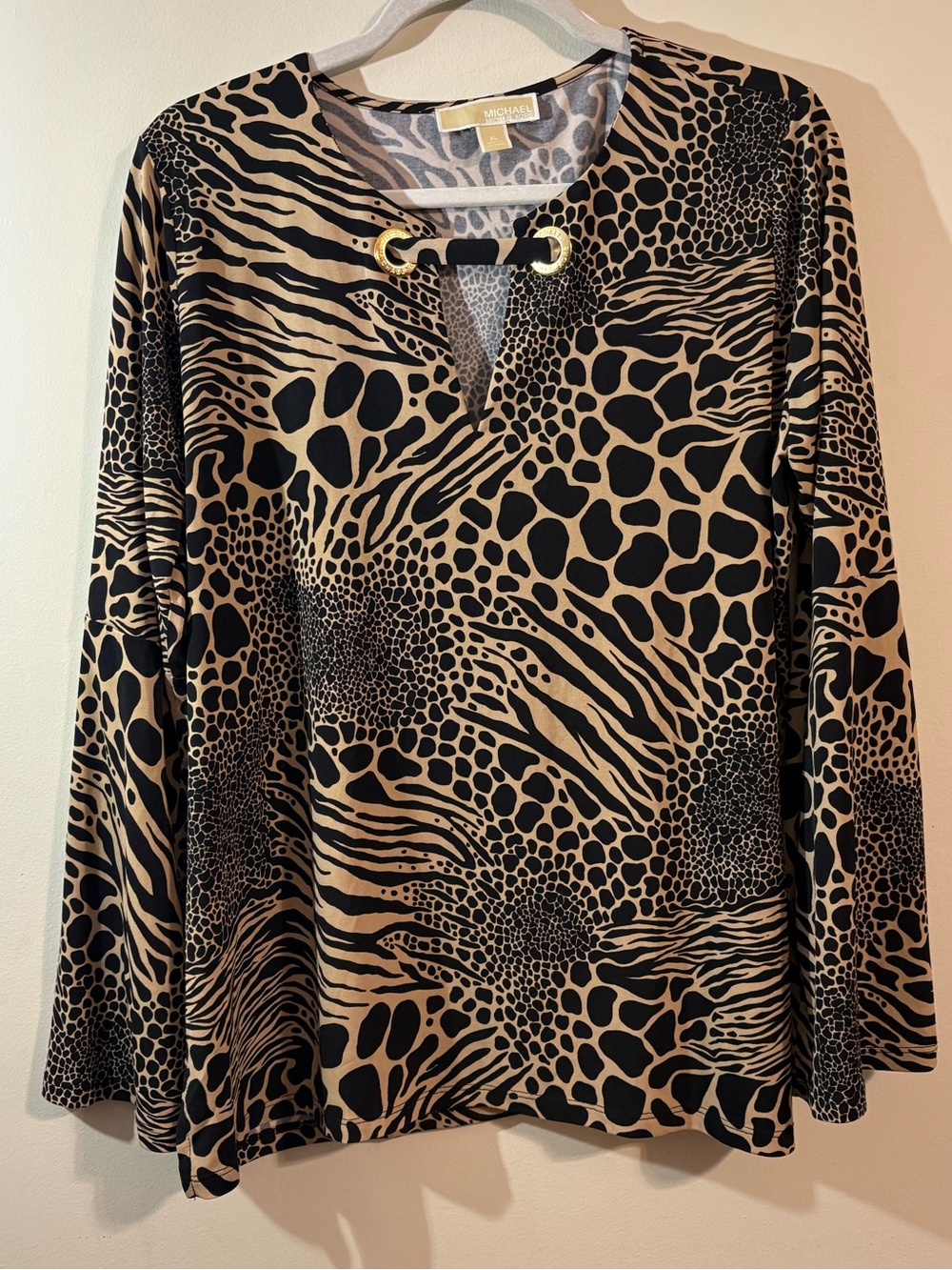 Michael Kors leopard print tunic top Women’s XL V-neck gold hardware blouse